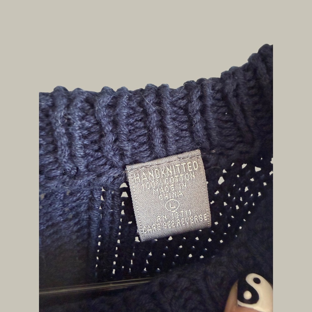 The‎ Kensington Collection Hand Knit Cotton Sweater Navy Blue Teal Geometric L - Picture 3 of 5